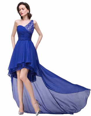 V-Neck Hi-lo A-line One-shoulder Ruffle Blue Chiffon Prom Dresses_5