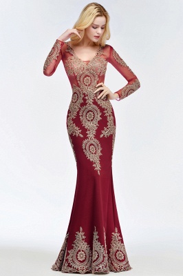 Elegant Mermaid V-neck Floor Length Long Sleeves Appliques Prom Dresses_6