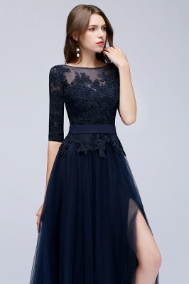 Elegant A-Line Half-Sleeves Lace Appliques Dark Navy Bridesmaid Dresses_5