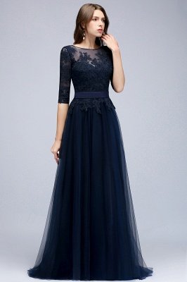Elegante corte en A medias mangas con apliques de encaje azul marino oscuro vestidos de dama de honor_4