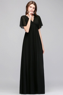 A-line V-neck Short Sleeves Long Black Chiffon Bridesmaid Dress_5