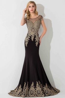 Stylish Cap Sleeve Gold Appliques Mermaid Evening Maxi Gown Sleveless Party Dress_1