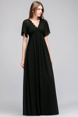 A-line V-neck Short Sleeves Long Black Chiffon Bridesmaid Dress_9