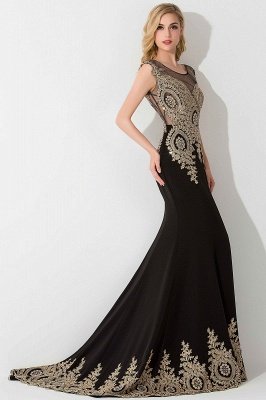 Stylish Cap Sleeve Gold Appliques Mermaid Evening Maxi Gown Sleveless Party Dress_4