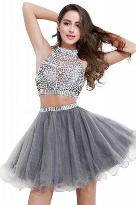 Two-piece Halter Sleeveless Short Tulle Prom Dresses with Crystal Beads_4