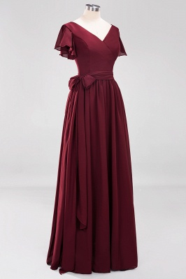 Misshow Elegant A-line V-Neck Short Sleeve Bridesmaid Dresses with Bow Sash Floor-Length Chiffon Evening Dress_10