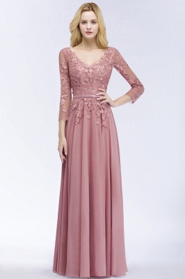A-line Chiffon Floor-Length Bridesmaid Dress Appliques V-Neck Long-Sleeves Evening Dress_1
