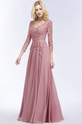 A-line Chiffon Floor-Length Bridesmaid Dress Appliques V-Neck Long-Sleeves Evening Dress_3