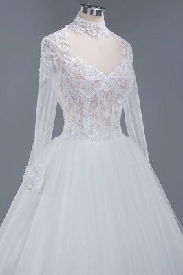 Elegant Tulle Lace Ball Gown High Neck Long Sleeves Floor Length Wedding Dress_5