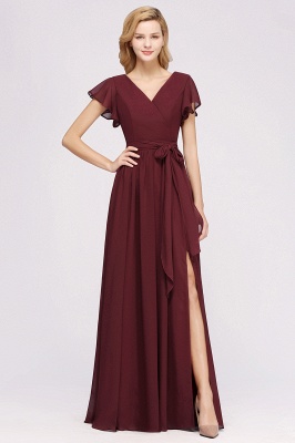 Misshow Elegant A-line V-Neck Short Sleeve Bridesmaid Dresses with Bow Sash Floor-Length Chiffon Evening Dress_1