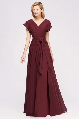 Misshow Elegant A-line V-Neck Short Sleeve Bridesmaid Dresses with Bow Sash Floor-Length Chiffon Evening Dress_3