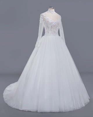 Elegant Tulle Lace Ball Gown High Neck Long Sleeves Floor Length Wedding Dress_3