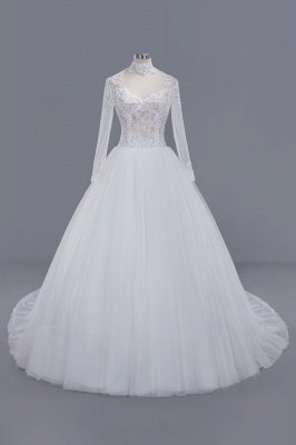 Elegant Tulle Lace Ball Gown High Neck Long Sleeves Floor Length Wedding Dress_1