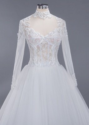 Elegant Tulle Lace Ball Gown High Neck Long Sleeves Floor Length Wedding Dress_4
