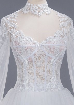 Elegant Tulle Lace Ball Gown High Neck Long Sleeves Floor Length Wedding Dress_7