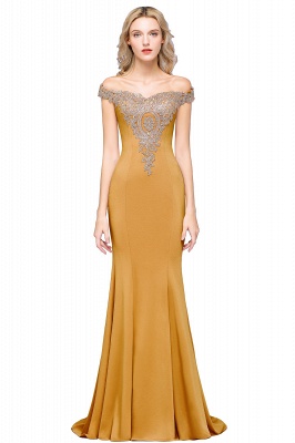 Off the Shoulder Gold Appliques Mermaid Evening Gowns Slim Prom Dress_8