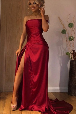 Élégante robe de soirée princesse rouge sans bretelles bateau fendue sur le côté | Boutique en ligne de Suzhou au Royaume-Uni_1