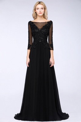Black 3/4 Sleeves Beads A-Line Appliques Bridesmaid Dresses Tulle Party Dress_1