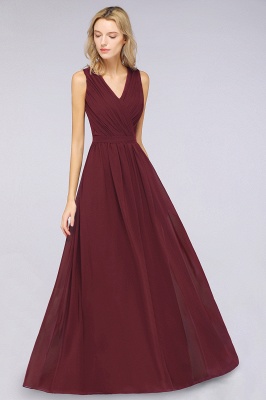 Ruffle A-Line Floor-Length Bridesmaid Dress Chiffon Lace V-Neck Evening Dress_3