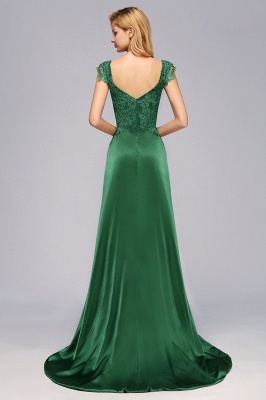Cap Sleeve aline appliques Bridesmaid Dress Green Side Split Wedding Party Dress with Sweep Train_3