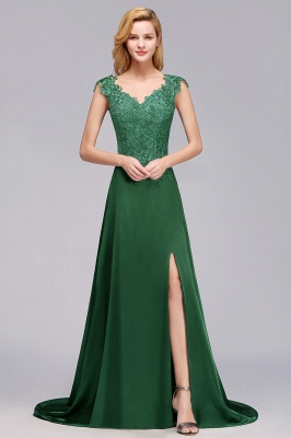 Cap Sleeve aline appliques Bridesmaid Dress Green Side Split Wedding Party Dress with Sweep Train_2