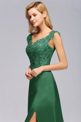 Cap Sleeve aline appliques Bridesmaid Dress Green Side Split Wedding Party Dress with Sweep Train_8