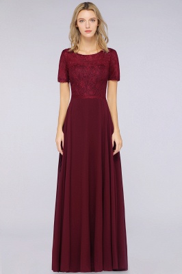 A-Line Short-Sleeves Floor-Length Bridesmaid Dress Chiffon Lace Round-Neck Evening Dress_3