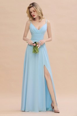 Elegant Front Split Bridesmaid Dress Garden Spaghetti Straps V-neck Floor Length Dress_2