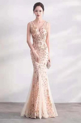 Vintage Beadings Mermaid Evening Gowns V-Neck Floor Length Prom Dress_3