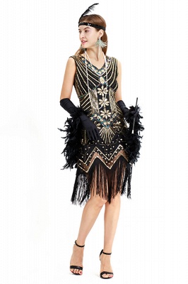 1920s Sequins Vintage Fringed Flapper V-Neck Evening Prom Dress_11
