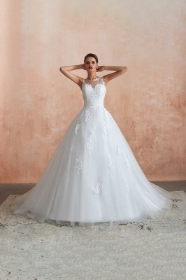 Illusion Neck White Wedding Dress Sleeveless Lace Appliques Bridal Gown online_11