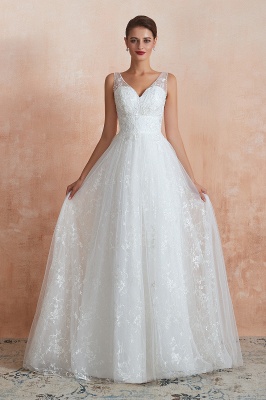 Elegant White V-Neck Princess Wedding Dress Aline Tulle Lace Bridal Gown_4