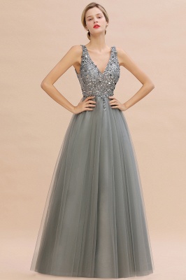 Sparkly Sequins V-Neck Aline Evening Maxi Dress Tulle Prom Dress_10