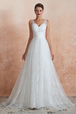 Elegant White V-Neck Princess Wedding Dress Aline Tulle Lace Bridal Gown_5