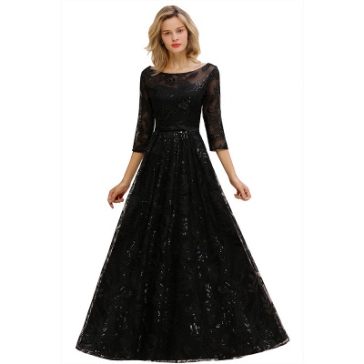 Charming Black Half Sleeves Tulle Sequins Evening Dress 20s Aline Prom Dress_14
