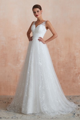 Elegant White V-Neck Princess Wedding Dress Aline Tulle Lace Bridal Gown_10