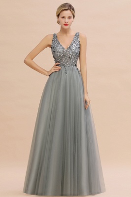 Sparkly Sequins V-Neck Aline Evening Maxi Dress Tulle Prom Dress_6
