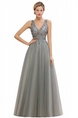 Sparkly Sequins V-Neck Aline Evening Maxi Dress Tulle Prom Dress_3
