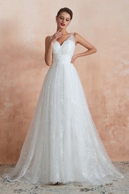 Elegant White V-Neck Princess Wedding Dress Aline Tulle Lace Bridal Gown_2