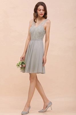 V-Neck Floral Lace Mini Homecoking Dress Grey Simple Chiffon Bridesmaid Dress Party Dress_5
