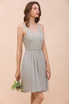V-Neck Floral Lace Mini Homecoking Dress Grey Simple Chiffon Bridesmaid Dress Party Dress_9