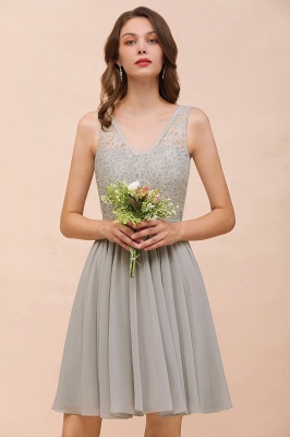 V-Neck Floral Lace Mini Homecoking Dress Grey Simple Chiffon Bridesmaid Dress Party Dress_7