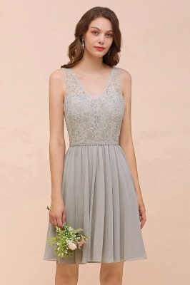 V-Neck Floral Lace Mini Homecoking Dress Grey Simple Chiffon Bridesmaid Dress Party Dress_2