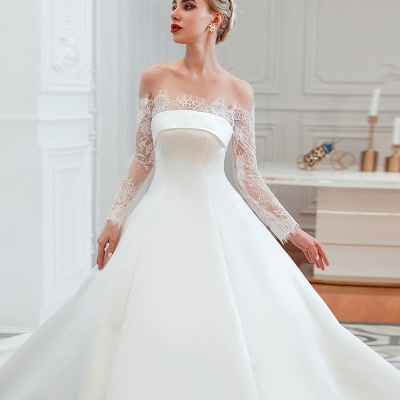 Romantic Lace Princess Satin Wedding Dress| Aline Bridal Gown with Cathedral Train_12
