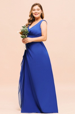 Plus Size Chiffon Sleeveless Royal Blue Bridesmaid  Dress V-neck Simple Wedding Dress_4
