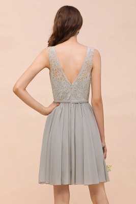 V-Neck Floral Lace Mini Homecoking Dress Grey Simple Chiffon Bridesmaid Dress Party Dress_3