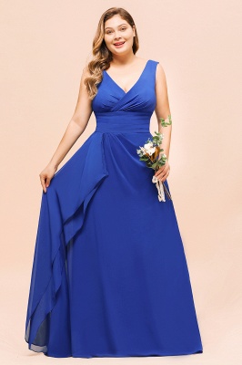 Plus Size Chiffon Sleeveless Royal Blue Bridesmaid  Dress V-neck Simple Wedding Dress_6