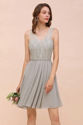 V-Neck Floral Lace Mini Homecoking Dress Grey Simple Chiffon Bridesmaid Dress Party Dress_8
