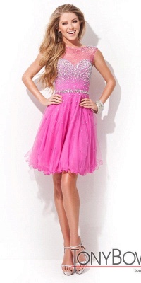 A-line Sleeveless Crew Short Tulle Prom Dresses with Crystal Beads_3