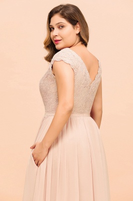 Plus Size Lace Pearl Pink Bridesmaid Dress Short Sleeves Side Split Wedding Party Dress_9